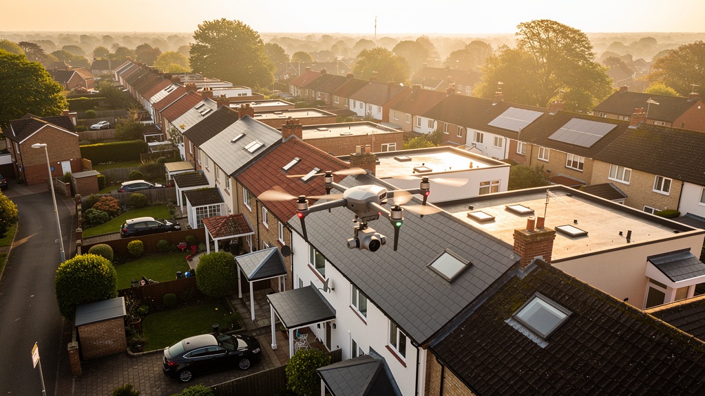 Drone roof survey capturing aerial view of UK residential rooftops