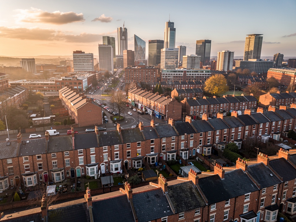 Manchester North West city rooftops aerial view – Roof Surveyor London covers independent roof surveys across the North West of England