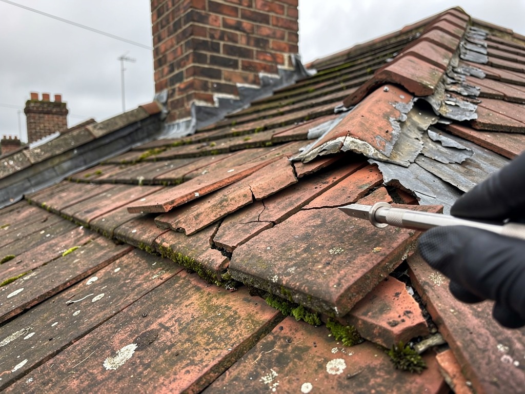 Professional roof inspection showing detailed tile assessment by Roof Surveyor London